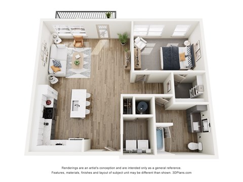 A 3D floor plan of a small apartment with a kitchen, living room, and bedroom.